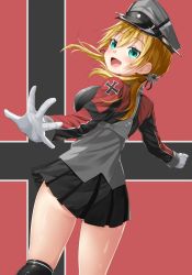 Rule 34 | 10s, 1girl, anchor hair ornament, aqua eyes, ass, back, black ribbon, black skirt, blonde hair, cross, flag background, gloves, hair ornament, hat, iron cross, kantai collection, long sleeves, looking at viewer, looking back, low twintails, microskirt, military, military uniform, oekakizuki, peaked cap, prinz eugen (kancolle), ribbon, skirt, solo, twintails, uniform, white gloves