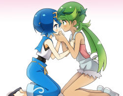 Rule 34 | 2girls, absurdres, apron, baggy pants, bare arms, bare legs, blue eyes, blue sailor collar, blush, capri pants, creatures (company), dark-skinned female, dark skin, eye contact, face-to-face, flower, from side, full body, game freak, green eyes, green hair, hair flower, hair ornament, hand on another&#039;s chest, hand on another&#039;s face, highres, holding hands, kneeling, lana (pokemon), looking at another, mallow (pokemon), multiple girls, nanakusa (user rnpt7322), nintendo, no socks, pale skin, pants, pokemon, pokemon sm, sailor collar, sandals, shirt, shoes, short hair, simple background, sleeveless, sleeveless shirt, slippers, smile, swept bangs, swimsuit, swimsuit under clothes, trial captain, twintails, white background, yuri