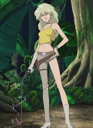 Rule 34 | 00s, 1girl, bare shoulders, blonde hair, earrings, gloves, highres, jewelry, long hair, mujin wakusei survive, navel, screencap, single glove, solo, standing, stitched, third-party edit, whip, zilba