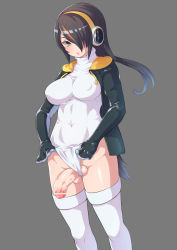 Rule 34 | 10s, 1girl, bar censor, black hair, blush, breasts, censored, combat s-ko, covered erect nipples, covered navel, emperor penguin (kemono friends), flaccid, foreskin, futanari, hair over one eye, headphones, highres, hood, hooded jacket, jacket, kemono friends, large breasts, large penis, leotard, long hair, orange hair, penis, penis out, precum, solo, sweatdrop, tail, testicles, thighhighs, white thighhighs, yellow eyes