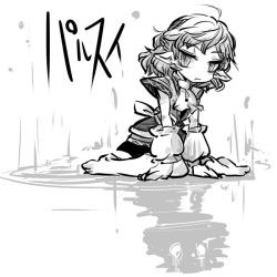Rule 34 | 1girl, arm warmers, character name, different reflection, dress, greyscale, md5 mismatch, mizuhashi parsee, monochrome, pointy ears, puddle, rain, reflection, resized, scarf, short hair, sitting, solo, touhou, wariza, yt (wai-tei)