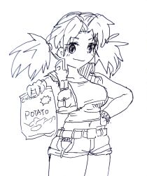Rule 34 | 1girl, breasts, chips (food), hand on own hip, highres, jacket, large breasts, legs, looking at viewer, metal slug, midriff, monochrome, nadia cassel, navel, open clothes, open jacket, potato chips, shorts, sketch, smile, snk, tank top, thighs, traditional media, twintails
