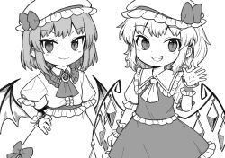 Rule 34 | 2girls, ascot, bat wings, bow, brooch, center frills, clenched hand, closed mouth, cowboy shot, crystal, flandre scarlet, frilled shirt, frilled shirt collar, frilled skirt, frills, greyscale, grin, hand on own hip, hat, hat bow, highres, jewelry, medium hair, mob cap, monochrome, multiple girls, oninamako, puffy short sleeves, puffy sleeves, remilia scarlet, shirt, short sleeves, siblings, simple background, sisters, skirt, slit pupils, smile, touhou, vest, waving, white background, wings, wrist cuffs