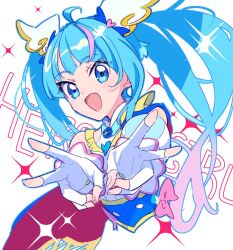 Rule 34 | 1girl, ahoge, blue cape, blue eyes, bow, cape, commentary, cure sky, double v, fingerless gloves, gloves, gradient hair, hirogaru sky! precure, kodamari, long hair, magical girl, multicolored hair, open mouth, pink bow, pink hair, precure, single sidelock, smile, solo, sora harewataru, twintails, v, white gloves, wing hair ornament