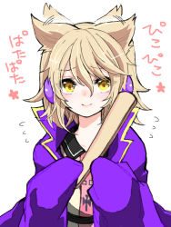 Rule 34 | 1girl, blonde hair, cape, closed mouth, earmuffs, expressive hair, flying sweatdrops, hair between eyes, holding, looking at viewer, pointy hair, purple cape, ritual baton, simple background, smile, solo, tori (10ri), touhou, toyosatomimi no miko, upper body, white background, yellow eyes