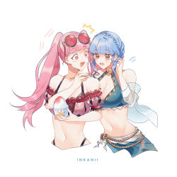 Rule 34 | 2girls, :d, artist name, bare shoulders, bikini, blue bikini, blue hair, breasts, brown eyes, commentary, cropped torso, eyewear on head, fire emblem, fire emblem: three houses, fire emblem heroes, food, hand up, highres, hilda valentine goneril, holding, holding food, inkanii, long hair, looking at another, marianne von edmund, medium breasts, multiple girls, nail polish, navel, nintendo, off-shoulder bikini, off shoulder, open mouth, pink bikini, pink eyes, pink hair, pink nails, puffy sleeves, see-through, shaved ice, short hair, simple background, smile, stomach, sunglasses, swimsuit, twintails, upper body, white background