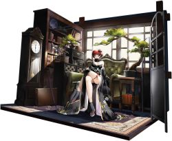 Rule 34 | 1girl, ass, azur lane, black socks, bonsai, book, bookshelf, breasts, cleavage, closed eyes, couch, crossed legs, folded fan, folding fan, geta, hair ornament, hand fan, haori io, highres, holding, holding fan, indoors, japanese clothes, kimono, large breasts, looking at viewer, off shoulder, official alternate costume, official art, on couch, plant, potted plant, red eyes, red hair, short hair, sitting, socks, solo, thigh strap, transparent background, weser (azur lane), weser (obsidian elegance) (azur lane)