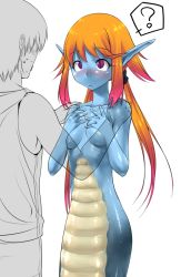 Rule 34 | 1boy, 1girl, ?, blue skin, blush, breasts, colored skin, covering privates, covering breasts, fingernails, gradient hair, lamia, monster girl, multicolored hair, nail, nme, nude, nude cover, orange hair, original, pointy ears, purple eyes, twintails
