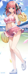 Rule 34 | 1girl, absurdres, bare shoulders, black ribbon, blue eyes, blue sky, blurry, blurry background, blush, breasts, butterfly hair ornament, cheerleader, cloud, collarbone, commentary, confetti, crop top, day, full body, go-toubun no hanayome, hair ornament, hair ribbon, hand up, highres, holding, holding pom poms, karory, knees together feet apart, large breasts, looking at viewer, medium hair, miniskirt, motion blur, nakano nino, navel, open mouth, outdoors, pink hair, pink skirt, pleated skirt, pom pom (cheerleading), pom poms, ribbon, shoes, skirt, sky, smile, sneakers, standing, thighs, twitter username, white footwear, wind, wind lift