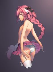 Rule 34 | 1boy, arched back, ass, astolfo (fate), astolfo (sailor paladin) (fate), back, braid, crossdressing, fate/grand order, fate (series), gradient background, highres, kashi kosugi, long hair, looking at viewer, male focus, nipples, official alternate costume, panties, pantyshot, pink hair, ponytail, purple background, purple eyes, simple background, single braid, skirt, solo, striped clothes, striped panties, thighhighs, thighs, topless male, trap, underwear, upper body, very long hair, white thighhighs