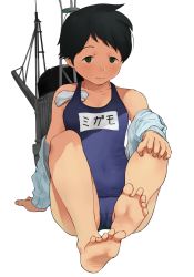 Rule 34 | 1girl, barefoot, black eyes, black hair, blue one-piece swimsuit, full body, in swimsuit, jacket, kantai collection, looking at viewer, machinery, mogami (kancolle), name tag, object in clothes, object in swimsuit, one-piece swimsuit, school swimsuit, shade, simple background, sitting, smile, smokestack, solo, sunlight, unworn swim cap, swimsuit, tooku nomura (artist), white background, white jacket