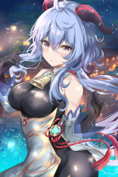 Rule 34 | 1girl, absurdres, ahoge, architecture, bare shoulders, bell, black gloves, black pantyhose, blue hair, blush, breasts, chinese knot, detached sleeves, east asian architecture, flower knot, ganyu (genshin impact), genshin impact, gloves, highres, horns, long hair, looking at viewer, medium breasts, neck bell, night, outdoors, pantyhose, purple eyes, sidelocks, solo, tassel, uu-tan (hushigi10), vision (genshin impact), white sleeves