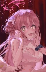 Rule 34 | 1girl, absurdres, black scrunchie, blood, blood on face, blue archive, breasts, cleavage, dano, dress, flower, hair bun, hair flower, hair ornament, halo, highres, holding, holding own hair, large breasts, long hair, mika (blue archive), open mouth, pink hair, pink halo, scrunchie, single hair bun, smile, solo, tears, torn clothes, torn dress, upper body, white wings, wings, wrist scrunchie, yellow eyes