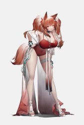 Rule 34 | 1girl, absurdres, angelina (arknights), angelina (summer flower) (arknights), animal ears, arknights, bare legs, bare shoulders, blush, breasts, brown hair, chinese commentary, cleavage, closed mouth, commentary request, covered navel, fox ears, fox tail, full body, hair ribbon, hand on own hip, highres, infection monitor (arknights), jewelry, large breasts, leaning forward, long hair, nail polish, necklace, off shoulder, official alternate costume, one-piece swimsuit, red eyes, red one-piece swimsuit, red ribbon, ribbon, sandals, simple background, smile, solo, spaghetti strap, standing, swimsuit, swimsuit cover-up, tail, thigh strap, thighs, twintails, white background, yushe quetzalli