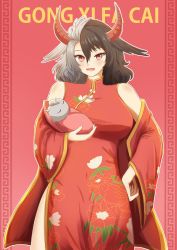 Rule 34 | 1girl, absurdres, animal ears, bare shoulders, black hair, breasts, china dress, chinese clothes, chinese new year, chinese zodiac, covered navel, cow ears, cow horns, cowboy shot, dress, grey hair, hand on own hip, haori, highres, horns, japanese clothes, large breasts, looking at viewer, mandarin collar, medium hair, multicolored hair, open mouth, red eyes, red horns, sharkudon, split-color hair, statue, touhou, two-tone hair, ushizaki urumi, wide sleeves, year of the ox
