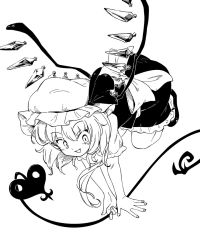 Rule 34 | 1girl, bow, crystal, fang, flandre scarlet, greyscale, hat, laevatein (tail), laevatein (touhou), maguro (mawaru sushi), medium hair, mob cap, monochrome, one side up, shoes, skirt, skirt set, smile, solo, tail, touhou, vampire, white bow, white hat, wings