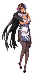 Rule 34 | 1girl, black hair, black pantyhose, breasts, china dress, chinese clothes, cleavage, cleavage cutout, clothing cutout, cup, destiny child, dress, flower, fur scarf, hair flower, hair ornament, hat, lan fei (destiny child), long hair, looking at viewer, pantyhose, plate, saucer, teacup, transparent background