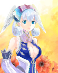 Rule 34 | 1girl, agasa (agasaillust), bare shoulders, blue eyes, breasts, center opening, cleavage, cleavage cutout, clothing cutout, flower, head wings, highres, looking at viewer, medium breasts, melia antiqua, silver hair, smile, solo, twitter username, upper body, wings, xenoblade chronicles (series), xenoblade chronicles 1