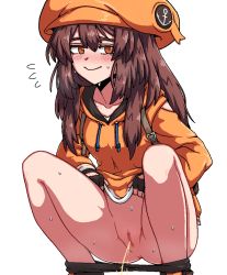Rule 34 | 1girl, blush, brown eyes, brown hair, censored, formicid, guilty gear, may (guilty gear), panties, panty pull, peeing, pussy, solo, squatting, underwear, white background