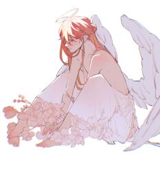 Rule 34 | 1boy, androgynous, angel, angel devil (chainsaw man), angel wings, chainsaw man, crossdressing, dress, facing to the side, feathered wings, floral background, flower, halo, highres, looking at viewer, male focus, penguin jun, red eyes, red hair, solo, white background, white dress, white flower, white wings, wings