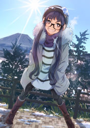 Rule 34 | 1girl, absurdres, beanie, black-framed eyewear, black pants, boots, brown eyes, diffraction spikes, fur-trimmed jacket, fur trim, glasses, grin, hands in pockets, hat, highres, jacket, knee boots, long hair, long sleeves, michinoku (hiking miusan18), mountain, nature, oogaki chiaki, pants, purple hair, scarf, sidelocks, smile, snow, snow on head, solo, standing, thick eyebrows, very long hair, winter, winter clothes, yurucamp