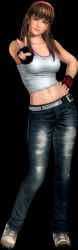 Rule 34 | 1girl, 3d, belt, black background, breasts, brown hair, contrapposto, dead or alive, dead or alive 5, denim, fingerless gloves, gloves, hairband, hand on own hip, hip focus, hitomi (doa), jeans, midriff, navel, official art, pants, promotional art, shoes, sneakers, solo, standing, studded belt, tank top, tecmo, v