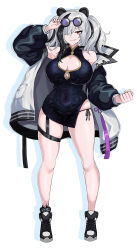 1girl, ankle boots, arknights, boots, breasts, china dress, chinese clothes, cleavage, cleavage cutout, clothing cutout, cross-laced footwear, dress, eyewear on head, feater (arknights), full body, grey hair, hair over one eye, hella p, highres, lace-up boots, large breasts, multicolored hair, panda, panda girl, panties, red eyes, round eyewear, side-tie panties, single tooth, solo, streaked hair, sunglasses, two-tone coat, two-tone jacket, underwear, white background