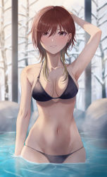 Rule 34 | 1girl, absurdres, aketa mikoto, arm at side, arm up, armpits, bare arms, bare shoulders, bare tree, bikini, black bikini, blonde hair, blue eyes, blurry, blurry background, blush, breasts, brown eyes, brown hair, collarbone, commentary, cowboy shot, gradient hair, groin, hair between eyes, hair over eyes, halterneck, hand on own head, highres, idolmaster, idolmaster shiny colors, iwashita kirito, long hair, looking at viewer, medium breasts, multicolored eyes, multicolored hair, navel, onsen, outdoors, parted lips, smile, snow, solo, standing, steam, stomach, stone, string bikini, swimsuit, tree, two-tone hair, wading, water, water drop, wet, winter