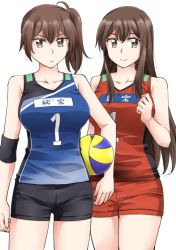 Rule 34 | &gt;:(, 2girls, akagi (kancolle), alternate costume, arm at side, ball, bare arms, bare legs, bare shoulders, black shorts, blue shirt, brown eyes, brown hair, c:, clenched hand, closed mouth, collarbone, elbow pads, female focus, gym shorts, gym uniform, hair between eyes, hand up, holding, holding ball, kaga (kancolle), kantai collection, legs, long hair, looking at viewer, multiple girls, neck, red shirt, red shorts, serious, shirt, short hair, short shorts, shorts, side-by-side, side ponytail, sidelocks, simple background, sleeveless, sleeveless shirt, smile, sportswear, standing, straight hair, uniform, volleyball (object), volleyball uniform, white background, yukiharu