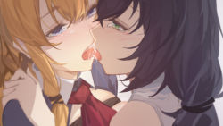 Rule 34 | 2girls, black hair, blue eyes, blush, breast press, breasts, catsmoon, collared shirt, eye contact, french kiss, green eyes, hair between eyes, half-closed eyes, hand on another&#039;s shoulder, highres, karyl (princess connect!), kiss, large breasts, long hair, looking at another, multiple girls, open mouth, orange hair, pecorine (princess connect!), princess connect!, red neckwear, saliva, shirt, symmetrical docking, tears, tongue, tongue out, yuri