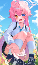 Rule 34 | 1girl, absurdres, ahoge, blue archive, blue eyes, blue footwear, blue necktie, blue sky, blush, bug, butterfly, chest harness, cloud, fang, g gonor, hair between eyes, halo, harness, heterochromia, highres, hoshino (blue archive), insect, long hair, long sleeves, looking at viewer, necktie, open collar, open mouth, outdoors, pink hair, pink halo, plaid, plaid skirt, reaching, reaching towards viewer, shirt, skirt, sky, smile, socks, solo, squatting, very long hair, white shirt, white socks, yellow eyes