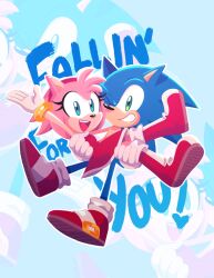 Rule 34 | amy rose, arm up, blue fur, boots, carrying, dress, english text, furry, furry female, furry male, gloves, gold bracelet, green eyes, hairband, hedgehog, hedgehog ears, hedgehog girl, hedgehog tail, highres, kady (miukeii), one eye closed, open mouth, pink fur, princess carry, red dress, red hairband, shoes, sleeveless, sonic (series), sonic the hedgehog, teeth, upper teeth only, white gloves, zoom layer