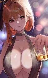Rule 34 | 1girl, alcohol, blush, breasts, cleavage cutout, closed mouth, clothing cutout, collarbone, commission, cup, dress, eyelashes, hair between eyes, hair ornament, halter dress, halterneck, holding, holding cup, ice, ice cube, large breasts, looking at viewer, moth1, orange hair, original, red eyes, solo, upper body