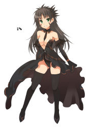 Rule 34 | 1girl, :d, akantor, bare shoulders, between breasts, black dress, black footwear, black gloves, black necktie, black thighhighs, breasts, brown hair, color guide, detached collar, dress, elbow gloves, full body, gloves, high heels, long hair, looking at viewer, medium breasts, monster hunter (series), necktie, necktie between breasts, ohta yuichi, open mouth, personification, red eyes, revealing clothes, simple background, smile, solo, standing, thighhighs, white background