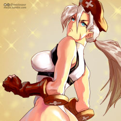 Rule 34 | 1girl, :&lt;, ass, beret, blue eyes, breasts, cammy white, cammy white (cosplay), clenched hands, cosplay, cross, crossover, fingerless gloves, from side, gloves, hat, leotard, long hair, medium breasts, mercy (overwatch), meziosaur, overwatch, overwatch 1, red cross, scar, silver hair, solo, street fighter, thong leotard