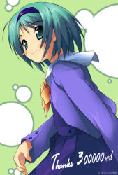 Rule 34 | 00s, 1girl, ahoge, aqua eyes, blush, blush stickers, buttons, green background, green eyes, green hair, hairband, kantoku, long sleeves, looking at viewer, matching hair/eyes, milestone celebration, short hair, simple background, smile, solo, thank you, to heart (series), to heart 2, upper body, yoshioka chie