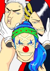 Rule 34 | 3boys, absurdres, animal ears, asymmetrical bangs, blue hair, buggy the clown, cabaji, clown nose, facial hair, facial mark, gloves, hair over one eye, highres, looking at viewer, low ponytail, male focus, medium hair, miso30744410, mohji, multicolored hair, multiple boys, one eye covered, one piece, ponytail, red background, red nose, smile, teeth, two-tone hair, white gloves, white hair