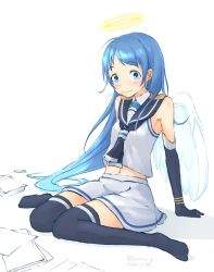 Rule 34 | 1girl, angel wings, aqua hair, black gloves, black thighhighs, blue eyes, blue hair, blush, breasts, dated, elbow gloves, gloves, gradient hair, halo, izumikuma, kantai collection, long hair, looking at viewer, multicolored hair, one-hour drawing challenge, paper, sailor collar, samidare (kancolle), school uniform, serafuku, shirt, simple background, sitting, skirt, sleeveless, sleeveless shirt, small breasts, solo, tearing up, tears, thighhighs, twitter username, very long hair, wavy mouth, white background, white skirt, white wings, wings