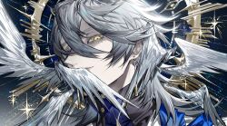 Rule 34 | 1boy, absurdres, angel wings, black shirt, closed mouth, commentary, covered mouth, dangle earrings, double-parted bangs, earrings, eye symbol, grey hair, hair between eyes, halo, halo behind head, head wings, highres, honkai: star rail, honkai (series), jacket, jewelry, looking at viewer, male focus, medium hair, mybloodynails, one eye covered, portrait, shirt, sky, smile, solo, star (sky), starry sky, sunday (honkai: star rail), symbol-only commentary, turtleneck, white jacket, wing piercing, wings, yellow eyes