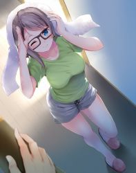 Rule 34 | 10s, 1girl, ;), black-framed eyewear, blue eyes, blush, breasts, brown hair, commentary request, green shirt, grey hair, komone ushio, large breasts, looking at viewer, love live!, love live! school idol festival, love live! sunshine!!, one eye closed, salute, shirt, short hair, short sleeves, shorts, slippers, smile, solo focus, towel, towel on head, watanabe you
