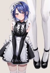 Rule 34 | 1girl, apron, black footwear, black gloves, blue hair, blush, breasts, breasts squeezed together, chigusa minori, closed mouth, commentary request, contrapposto, cowboy shot, dress, elbow gloves, gloves, highres, himeno akira, jitsuha imouto deshita., legs, light frown, looking at viewer, maid, maid headdress, mary janes, medium breasts, multiple views, novel illustration, official art, partial commentary, projected inset, purple eyes, shoes, short hair, simple background, skirt, skirt tug, sleeveless, sleeveless dress, swept bangs, thighhighs, v arms, white thighhighs, zettai ryouiki