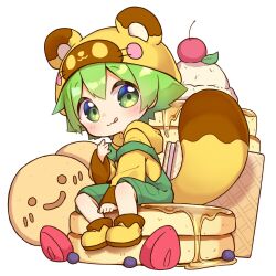 1boy :3 :p ankle_boots blueberry boots botan-kun cherry chibi chibi_only child closed_mouth commentary_request double_strap_slip food fruit full_body green_eyes green_hair green_overalls hair_between_eyes hand_up hat highres hood hood_down hoodie ice_cream long_sleeves male_focus maple_syrup mini_person miniboy nipeira on_food original overalls pancake pancake_stack raccoon_hat short_hair simple_background sitting smile solo strawberry strawberry_slice tareme tongue tongue_out wafer white_background yellow_footwear yellow_hat yellow_hoodie