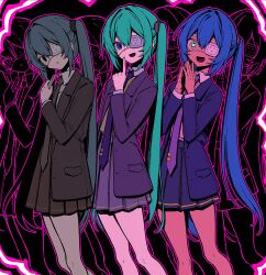 1girl aqua_hair blue_hair blue_jacket blue_skirt brown_jacket brown_necktie brown_skirt collared_shirt colorful cowboy_shot eyepatch hatsune_miku heart heart-shaped_pupils highres jacket lapels long_hair looking_at_viewer m4k3inu medical_eyepatch monitoring_(vocaloid) multiple_views necktie notched_lapels open_mouth pleated_skirt ringed_eyes shirt skirt smile symbol-shaped_pupils twintails very_long_hair vocaloid white_shirt