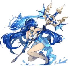 Rule 34 | 1girl, ark order, bare arms, blue eyes, blue footwear, blue hair, breasts, crown, fins, high heels, holding, holding weapon, kzhu, large breasts, leotard, long hair, mini crown, multicolored leotard, official art, polearm, poseidon (ark order), see-through body, shark, shoes, sidelocks, solo, squatting, tachi-e, thighlet, transparent background, trident, very long hair, water, weapon