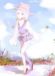 Rule 34 | 1girl, bad id, bad twitter id, blonde hair, blue eyes, bug, butterfly, colorized, day, detached sleeves, flower, full body, hair ornament, hair ribbon, hat, insect, long sleeves, midriff, miniskirt, moriya suwako, navel, open mouth, pokan (xz1128), ribbon, shirt, short hair, sketch, skirt, skirt set, sky, smile, solo, thighhighs, touhou, turtleneck, vest, walking, white thighhighs, wide sleeves