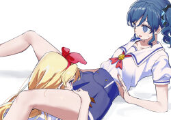 2girls @_@ aikatsu! aikatsu!_(series) bare_legs blonde_hair blue_eyes blue_hair blue_scrunchie blue_skirt bow bow_hairband collarbone hair_bow hair_ornament hair_scrunchie hairband head_between_thighs hoshimiya_ichigo imminent_cunnilingus kiriya_aoi long_hair miniskirt multiple_girls open_mouth red_bow red_eyes red_hairband school_uniform scrunchie shirt short_sleeves side_ponytail skirt starlight_academy_school_uniform sweatdrop white_background white_shirt yamamura_saki yuri