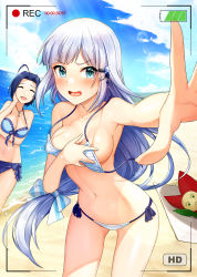 Rule 34 | 2girls, absurdres, ahoge, bare shoulders, bikini, blue bikini, blue eyes, blue hair, blue sky, blush, breast hold, breasts, cleavage, closed eyes, collarbone, commentary request, covering breasts, covering privates, day, hair ornament, hairclip, highres, idolmaster, idolmaster (classic), idolmaster million live!, idolmaster million live! theater days, jai (whany1998), jewelry, large breasts, long hair, looking at viewer, medium breasts, miura azusa, multiple girls, necklace, ocean, open mouth, outstretched arm, parted bangs, recording, shiraishi tsumugi, short hair, silver hair, sky, smile, striped bikini, striped clothes, sunlight, swimsuit, wardrobe malfunction, white bikini