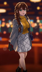 Rule 34 | 1girl, alternate costume, blurry, blurry background, braid, breasts, brown hair, coat, commentary request, cowboy shot, fugu custom, green eyes, grey coat, highres, kantai collection, long hair, looking at viewer, medium breasts, noshiro (kancolle), ribbed sweater, shirt, solo, standing, sweater, swept bangs, twin braids, white shirt, yellow sweater