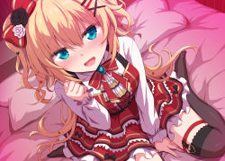 Rule 34 | 1girl, akai haato, akai haato (gothic lolita), aqua eyes, black thighhighs, blonde hair, blush, bow, breasts, brooch, collared shirt, dress, dress shirt, gothic lolita, hair bow, highres, hololive, jewelry, lolita fashion, long hair, long sleeves, looking at viewer, marugoshi (54burger), on bed, open mouth, pillow, red dress, shirt, sitting, solo, thighhighs, two side up, very long hair, virtual youtuber, wariza, white shirt