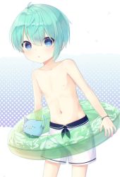 Rule 34 | 1boy, blue eyes, blue hair, bright pupils, child, halftone, highres, innertube, male focus, original, os (os fresa), parted lips, short hair, shorts, solo, souta (os), standing, swim ring, topless male, white pupils